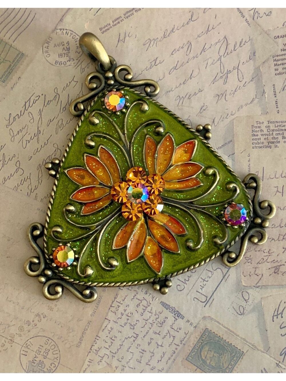 Vintage Enameled Stunning Floral Green Triangle Pendant Necklace Sparkling Gems
